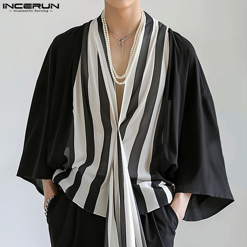 INCERUN Tops 2024 Korean Style New Men\'s Loose Striped Contrast Shirts Male Casual Streetwear Long Sleeved Cardigan Blouse S-5XL