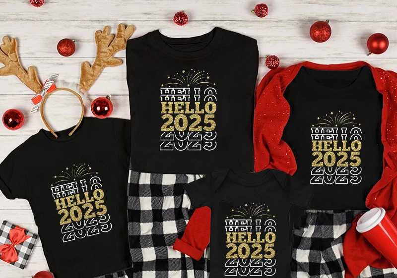 New Year Celebration Family Clothes Hello 2025 New Year Family Matching Shirts Dad Mom Kids T-Shirt