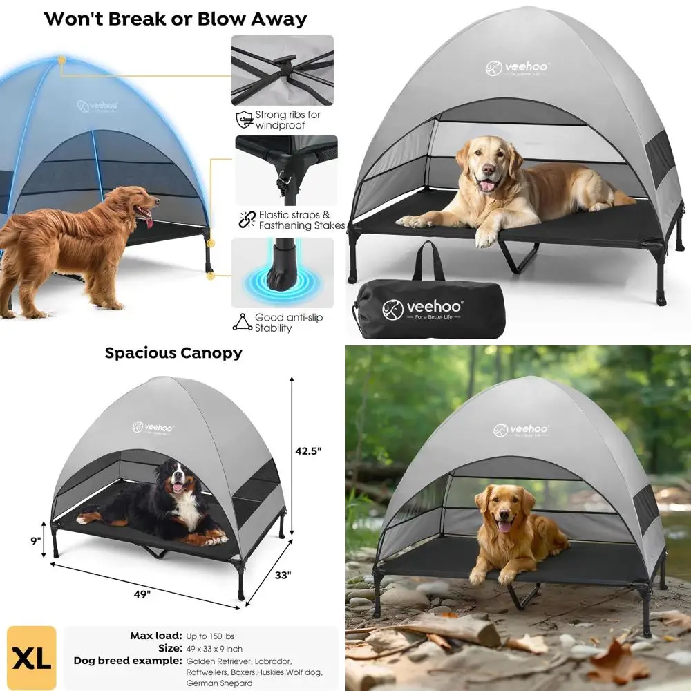 

Elevated Cooling Dog Cot with Canopy, Removable Shade, Non-Slip Base, XL Black & Grey for Large Dogs, Ideal for Outdoors & Campi