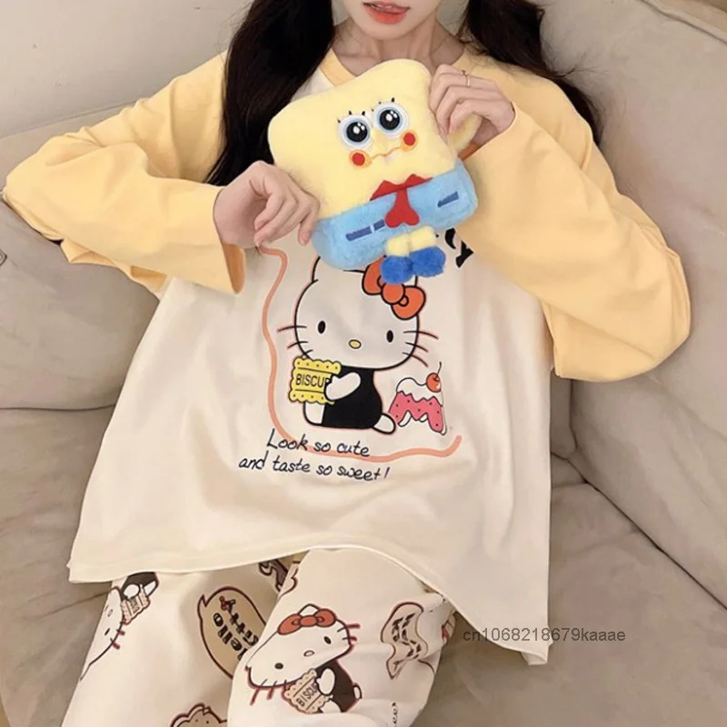 Sanrio ชุดนอนคอกลมลายเฮลโลคิตตี้น่ารัก, ชุดนอนเด็กผู้หญิง Y2k หวาน pakaian rumahan ลำลองใหม่ชุดนอนลำลองสไตล์ฮาราจูกุ