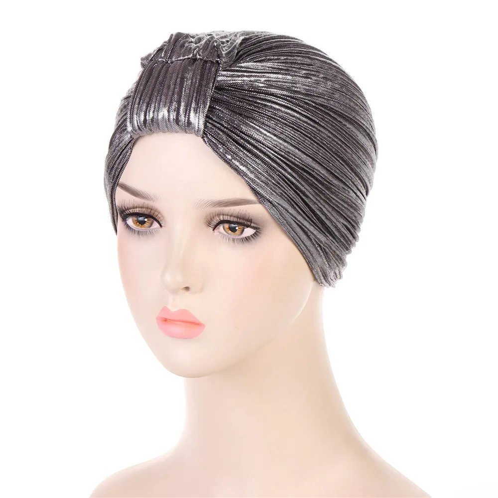 Turbante indio musulmán para mujer, gorro plisado con purpurina brillante, gorro de quimio, Hijab para la pérdida de cabello, pañuelo para la cabeza