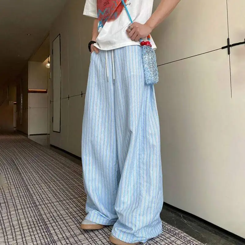 LUZHEN Casual Fashion Korean Stripe Printed Loose Wide Leg Pants Men's 2025 New Elastic Waist Handsome Straight Trousers JY7062