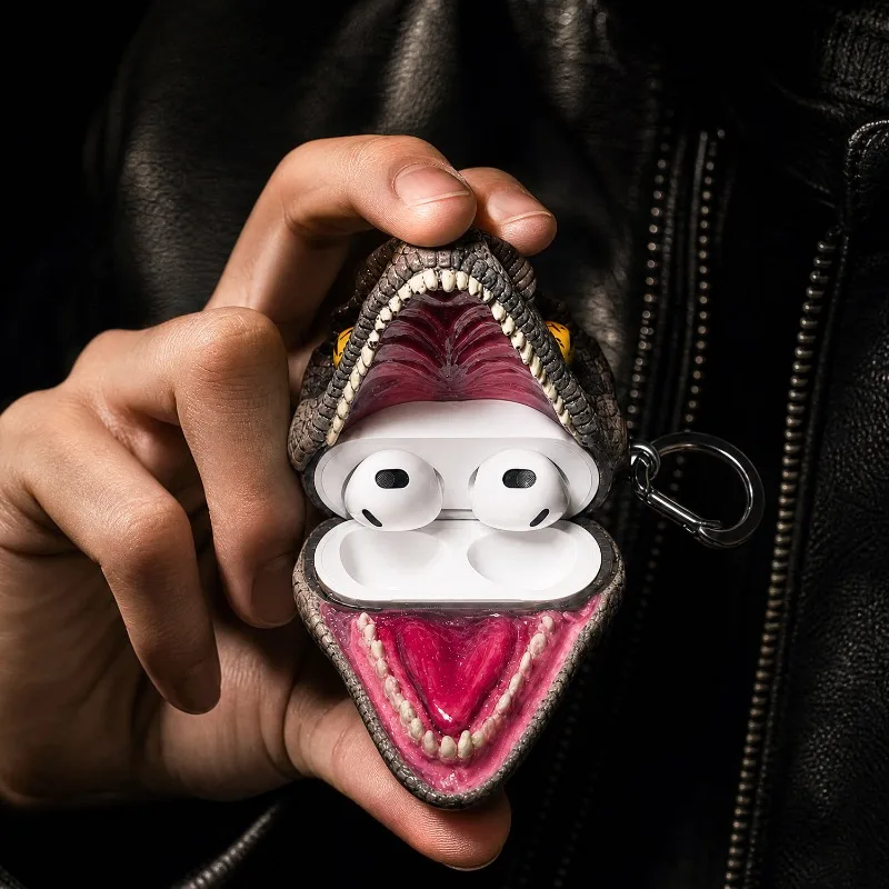 3D Dinosaur Earbud Case, Shockproof Full‑Cover Shell with Keychain, Funny Bluetooth Earphone Protective Cover Accessory