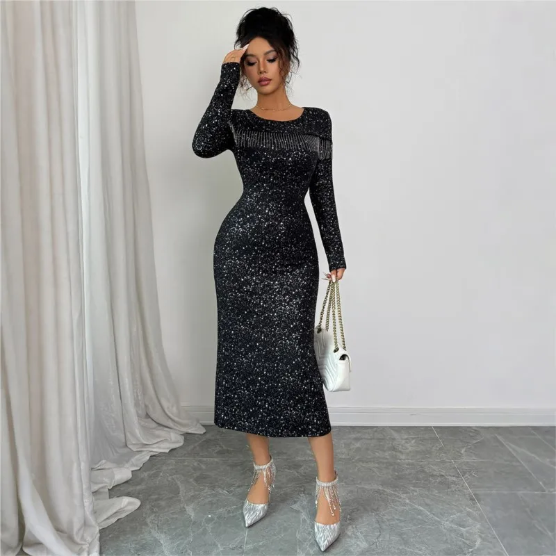 2025 nieuwe herfst winter elegante pailletten ronde hals lange mouw slanke vrouwen zwarte jurk party club avond dame bodycon jurk