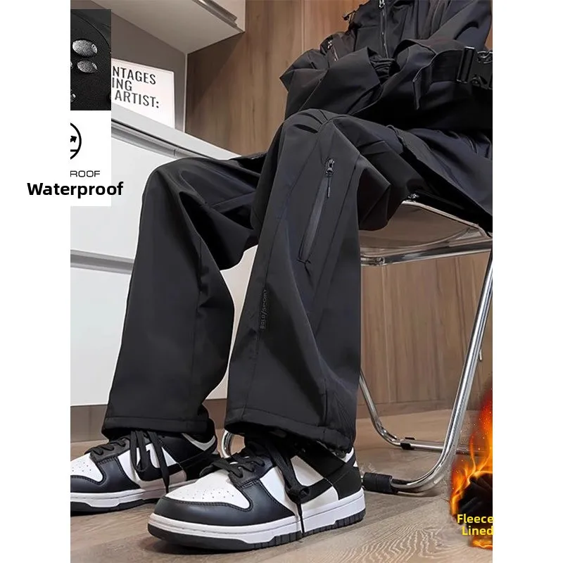 

Men's Casual Straight Leg Pants Fce Lined Thiened Waterproof Work Trousers Autumn Winter Sports Loose Fit Trousers