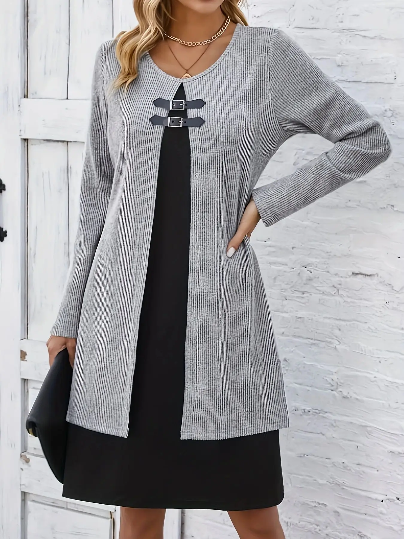 Women's Fashion Midi Dress, Ribbed Knit Construction with Contrast Insert and Buckle Detail