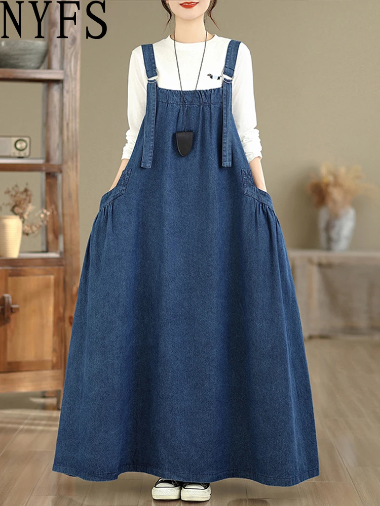 فستان طويل فضفاض للنساء من NYFS بمقاس كبير من قماش الدنيم بحزام فيستدوس إلبيس لربيع وصيف وخريف فور سيزونز #1