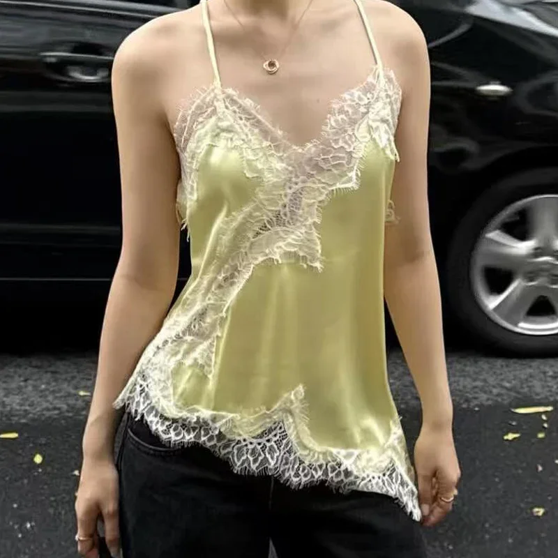 

DSMTRC Топы в уличном стиле Y2K Асимметричные кружевные топы для женщин Сексуальные майки и майки Атласный топ с открытыми плечами без рукавов и открытой спины