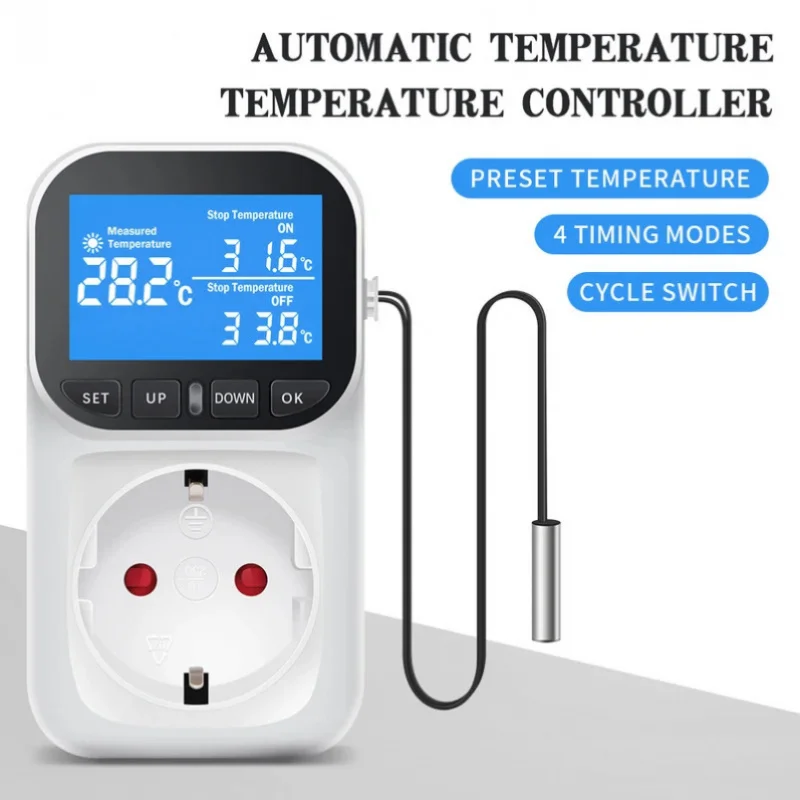 

Digital Temperature Controller Socket Outlet EU Plug Thermostat With Timer Sensor Probe Heating Cooling Switch 16A Backlight