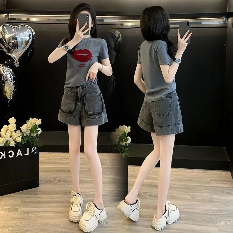 

Korean Sweet Spicy Faion Set Women Summer Sli Slimming Cartoon Print T-irt Retro Denim orts Two-Piece Set