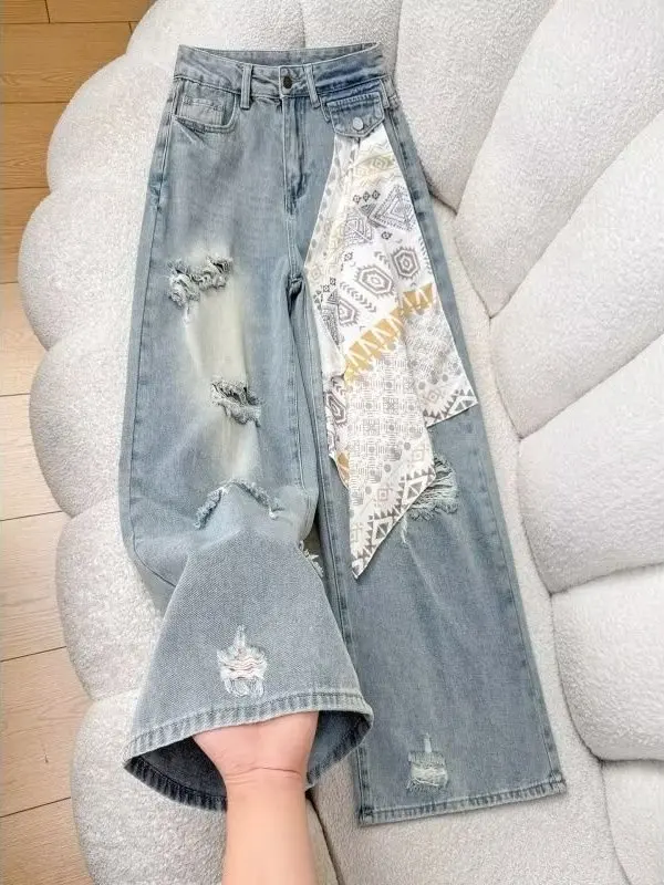 Wide Leg Denim Jeans with Scarf Splicing Straight Cut Women's plus Size Loose Slimming Design Autumn New Style Casual Fashion