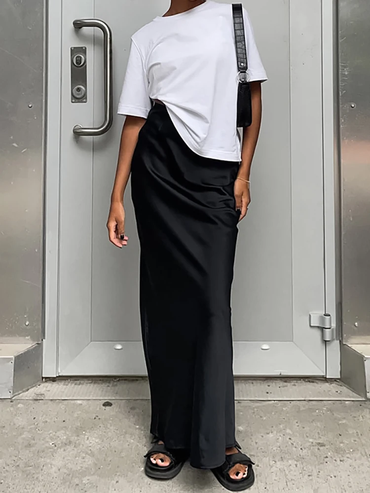 Linad Office Lady Black Straight Skirts For Women 2025 Street Chic Solid Satin Long Skirt Casual High Waist Floor-Length Skirts
