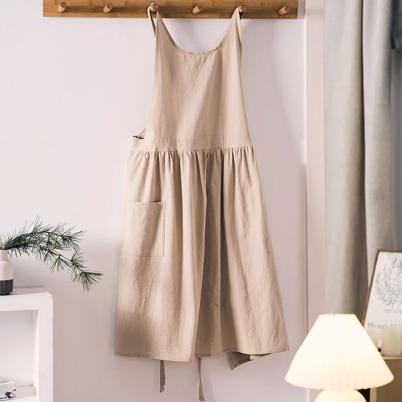 Brief Round Neck Apron Household Kitchen Cotton and Linen Anti Fouling and Wear-Resistant Apron Flower Shop Daily Work Clothes