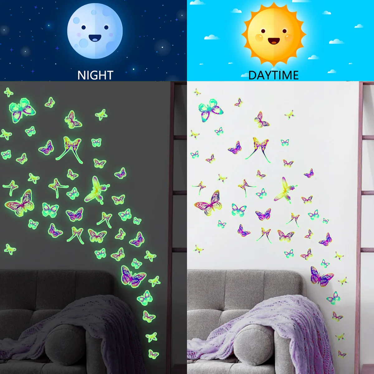 3pcs Luminous Color Butterfly Cartoon Wall Stickers Children's Room Living Room Decoration Wall Stickers Wallpaper Ycg4022