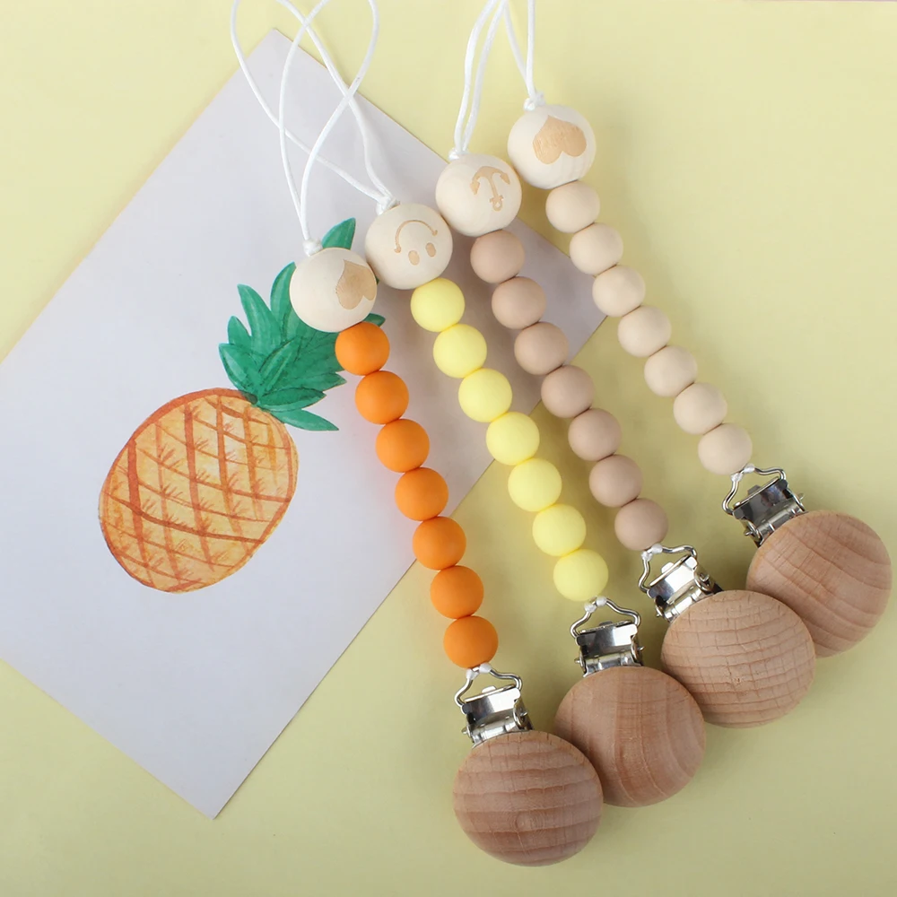 Baby Pacifier Chain Wood Silicone Food Grade Bead Wooden Plastic Clip Handmade Baby Nipple Dummy Holder Clips Teether Necklace