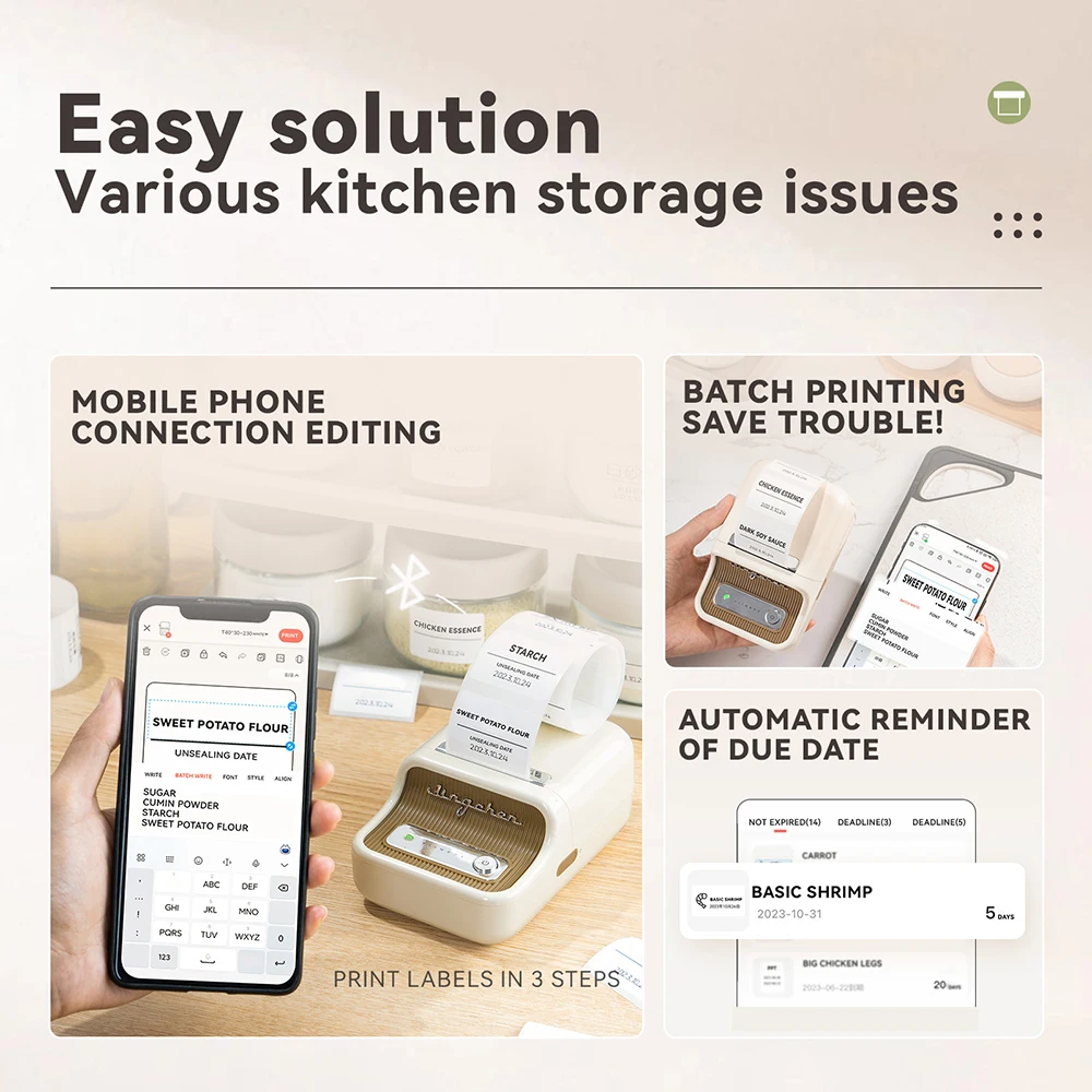 NIIMBOT B21 Kitchen Label Printer 20-50mm Wireless Thermal Label Maker with Freezer Labels Inkless Adhesive Sticker for Home