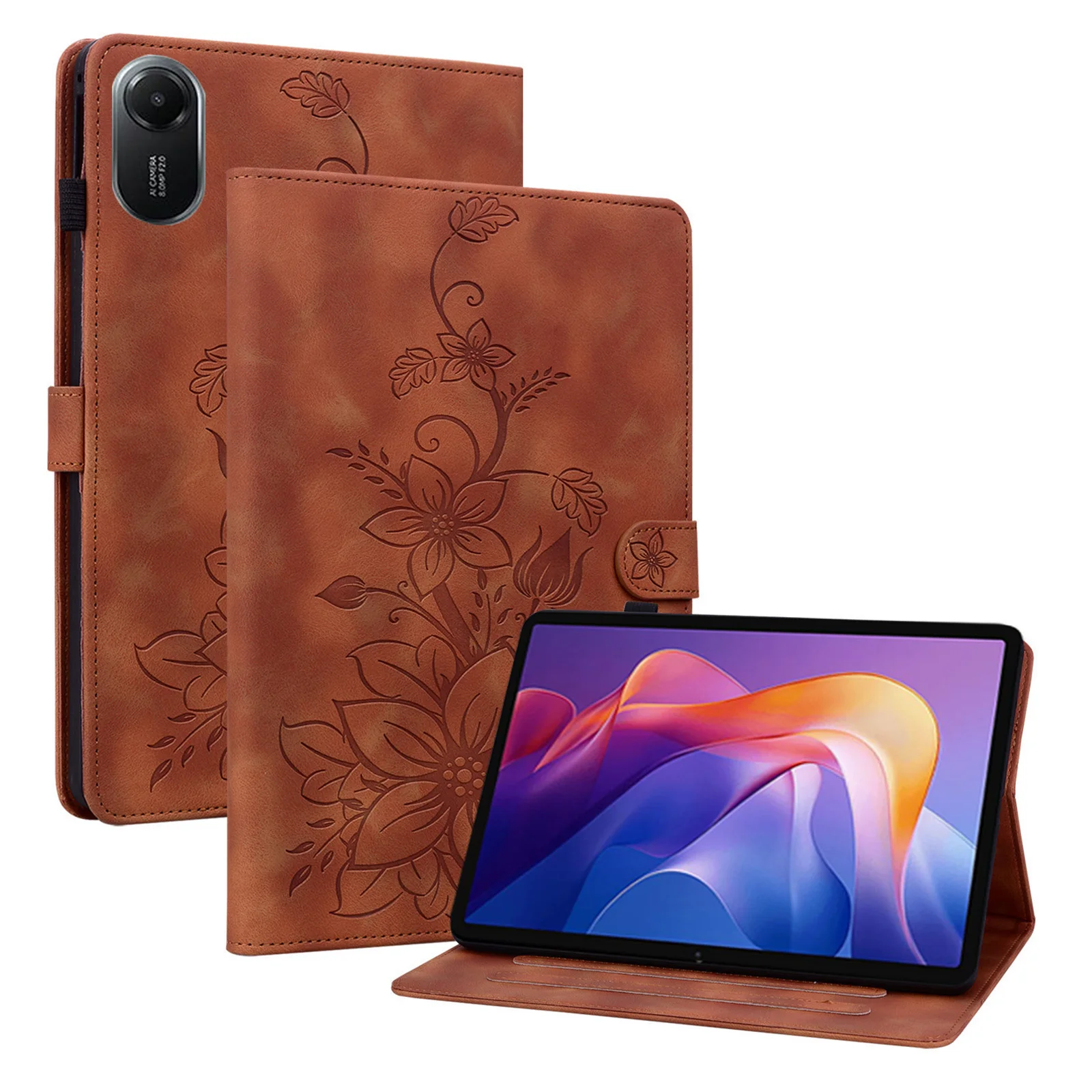 

For Xiaomi Redmi Pad 2 Case Lily Flower Imprint Card Slots Leather Tablet Cover - Brown