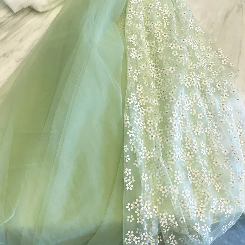 Light Green Plum Blossom Hot Stamping Children's Skirt Dessert Table Gauze Cloth Dress Draping Fabric for Wedding Fabric
