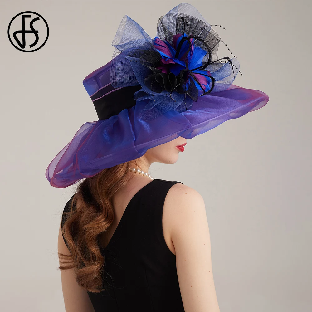 FS 2024 Purple Organza Carnival Cap Kentucky Derby Hats For Women With Mesh Flower Wedding Bride Church ST Patricks Fedoras