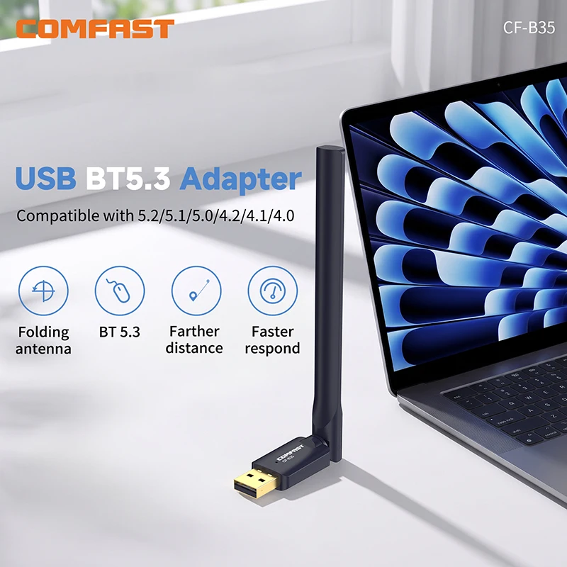 COMFAST Bluetooth 5.3 USB Adapter Single Antenna 20M Range ATS2851 Chip Wireless Bluetooth Dongle Support Multi-device