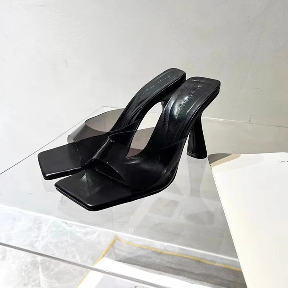 Women Sandals Dress Shoes Transparent Strap Sexy Stilettos Heels Square Open Toe One Band Slip-On High Heeled Slippers Pump Mule