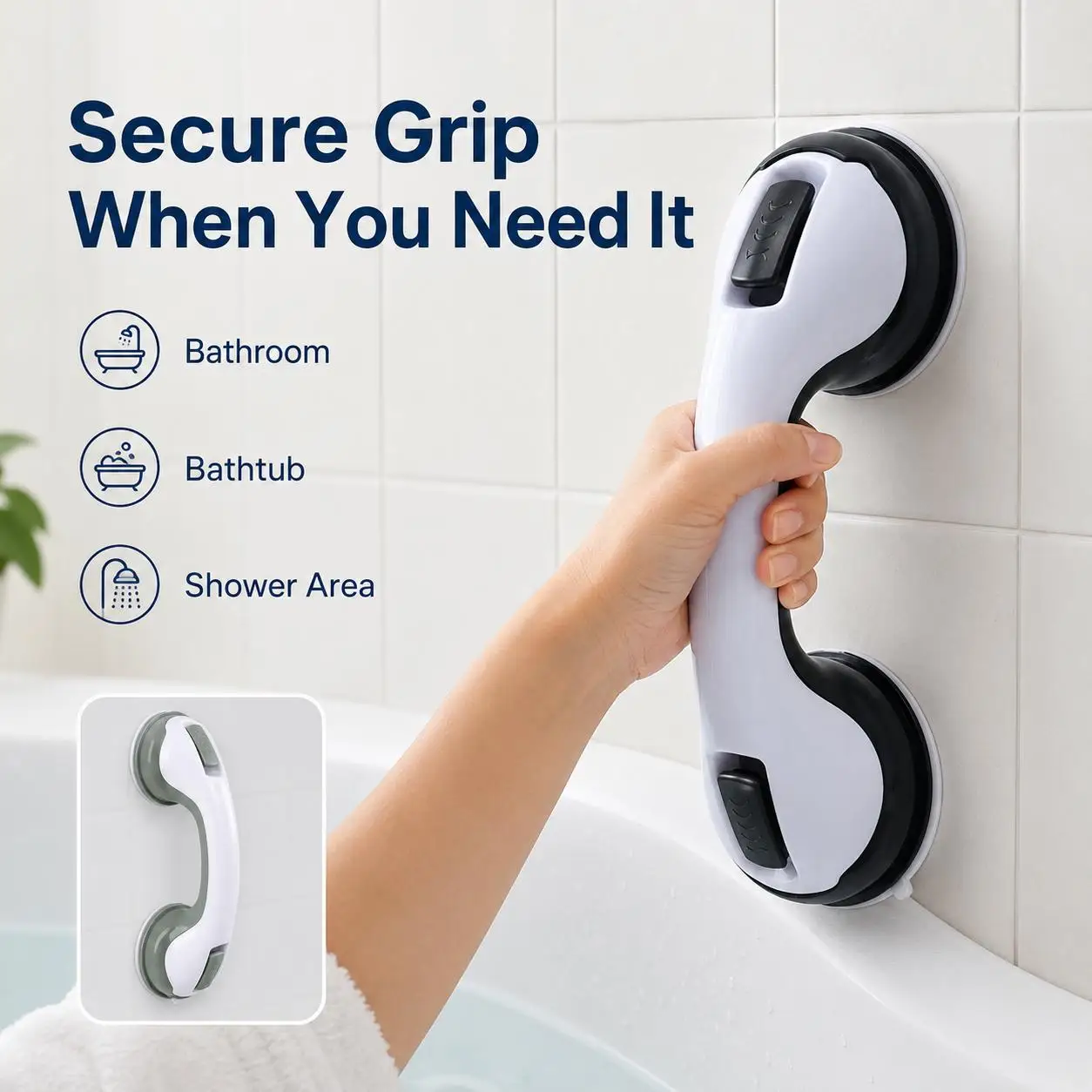 2pcs Strong No-Drill Suction Cup Armrest Bathroom Safety Handle - Dual Suction Cups Tool-Shower Room Wall Stability Grip