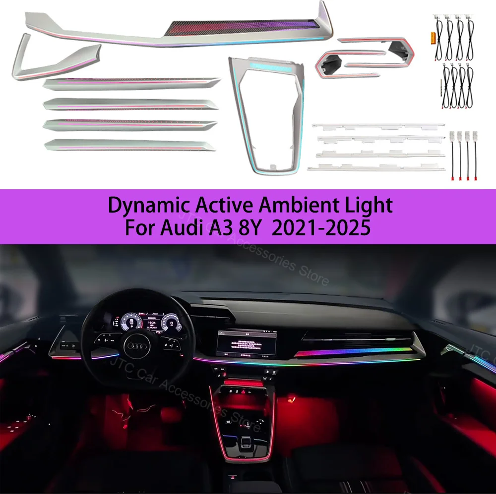 

Приборная панель с окружающим освещением для Audi A3 8Y S3 RS3 2021-2025, декоративная вентиляционная лампа, светодиодная атмосферная лампа с подсветкой, 30 цветов