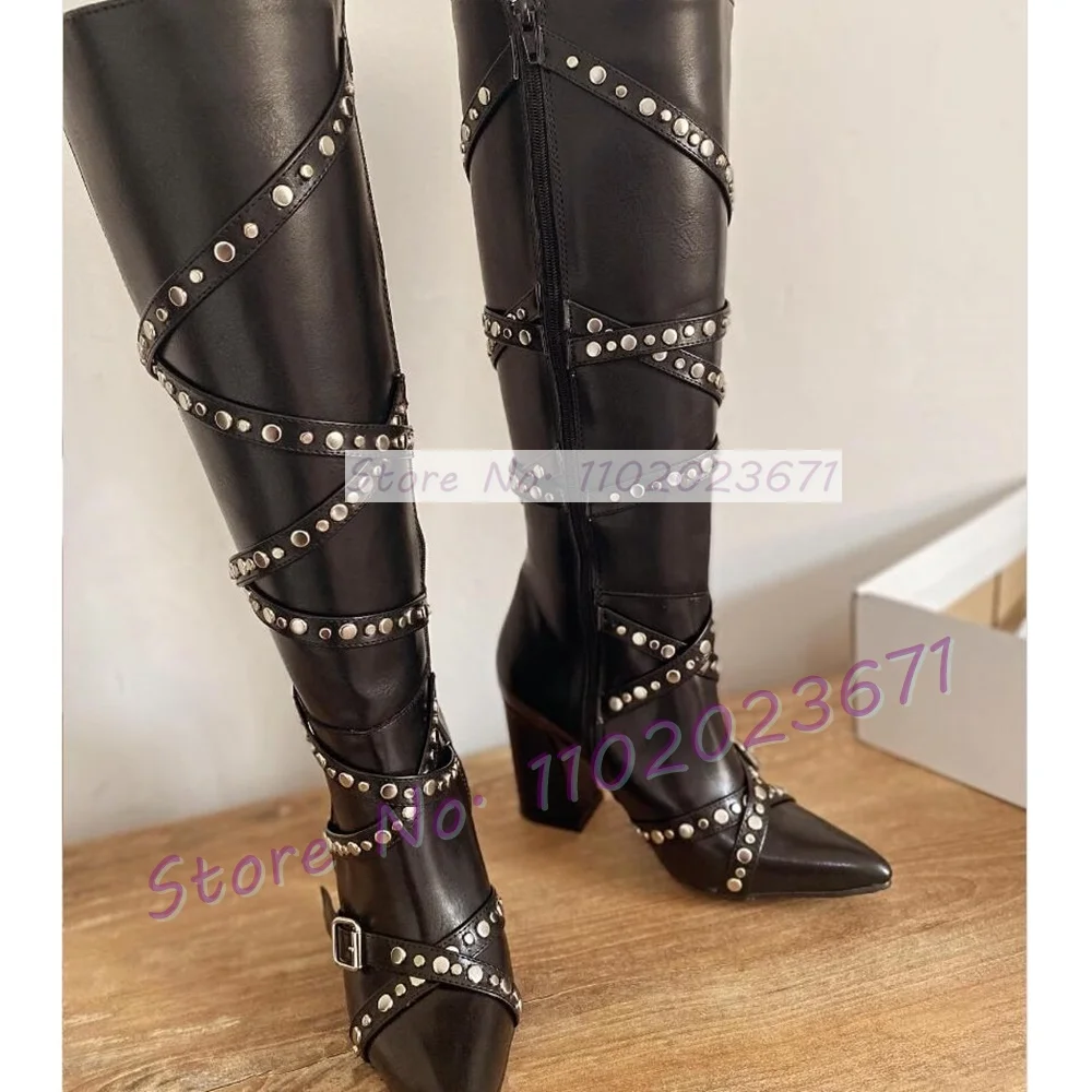 Black Pointy Rivets Knee High Boots Women Sexy Block Heels Metal Studded Cross Straps Shoes Ladies Fashion Side-zip Modern Boots