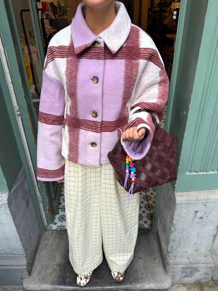 

Fashion Elegant Plaid Woolen Coat Women Lapel Long Sleeve Single Breasted Loose Short Jacket 2025 Autumn Lady Street Outwear