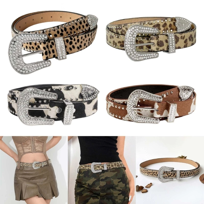 

Glittered Belt Jeans Waistband Punk Rivets Studded Belt Cow Pattern Waistband for Street Player Club Party Wear