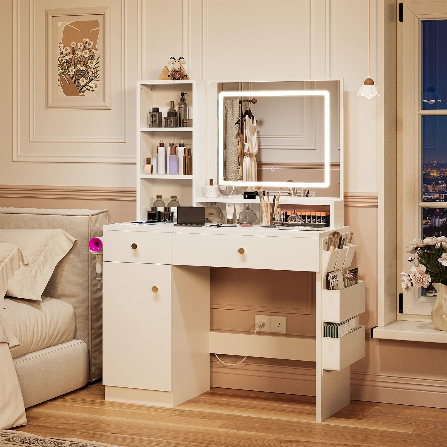 

#Modern Customized Dressing Table With LED Mirror Drawers Wood Makeup Vanity Speaker for Bedroom Living Room Bathroom Hotel Use#