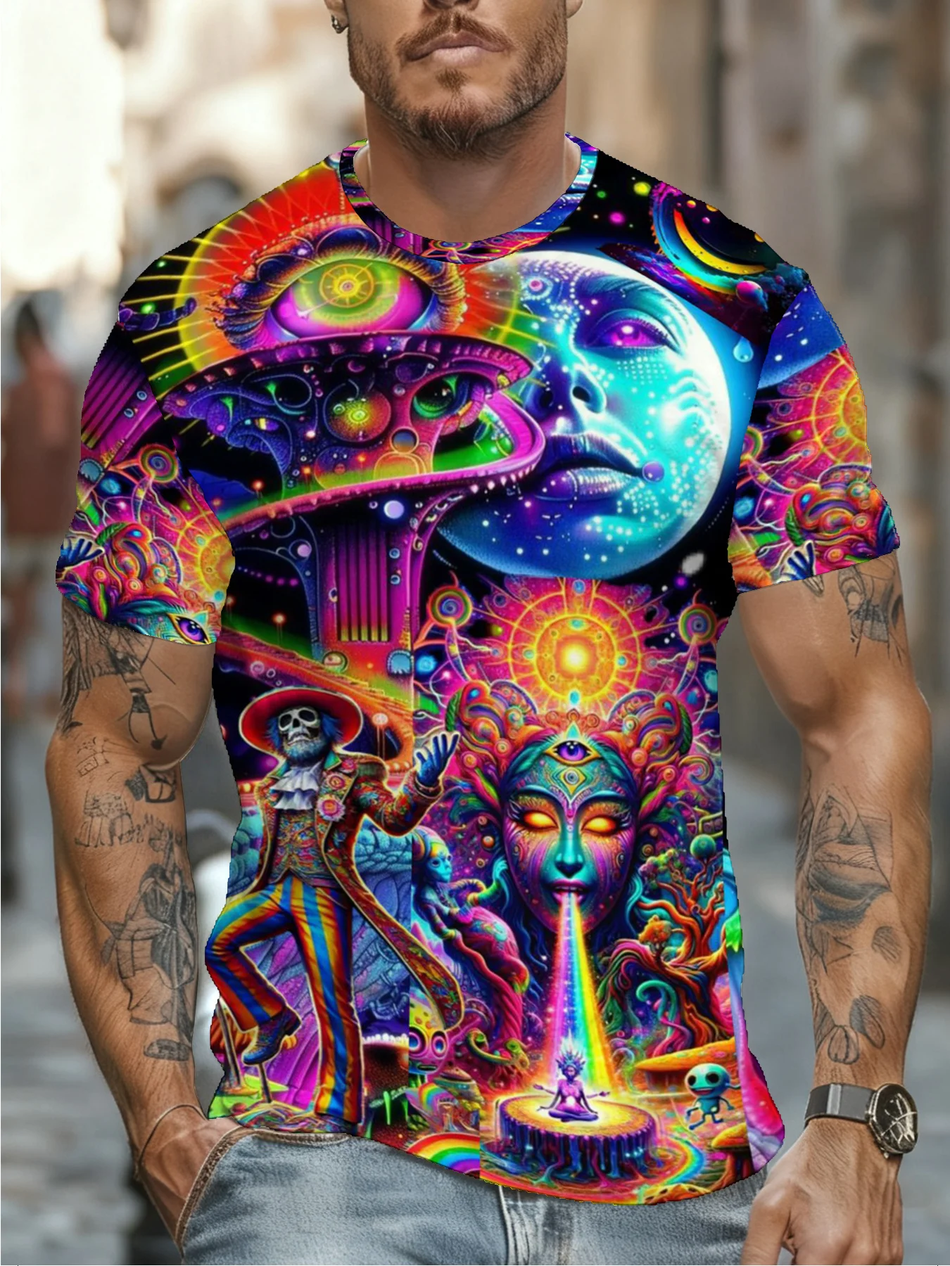 Men's Round Neck Short Sleeve T Shirt 3D Psychedelic Mushroom Moon Skull Rainbow Print Casual Streetwear Tops