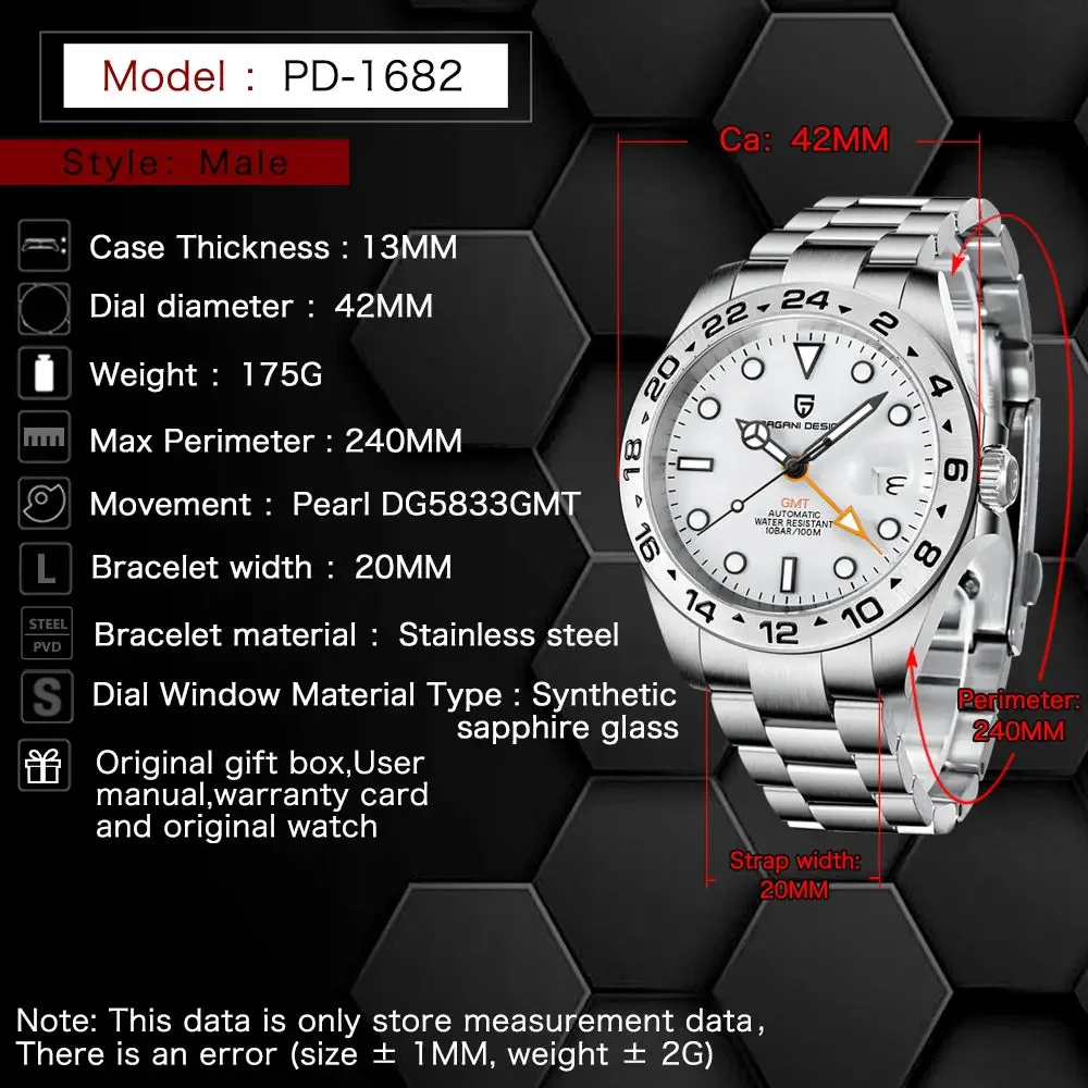 PAGANI DESIGN 2025 new 42MM men's automatic mechanical watch GMT luminous BGW-9 sapphire stainless steel waterproof 10Bar reloj