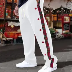 Vintage Side Button Striped Patchwork Pants Mens Trendy Drawstring Loose Straight Trousers Men 2025 Spring Autumn Casual Pants