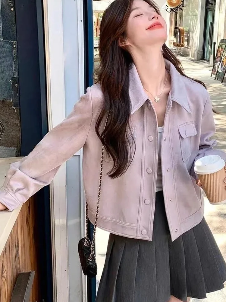 

Zoki фиолетовая милая куртка из искусственной замши женская повседневная винтажная корейская куртка с длинным рукавом осень-зима консервативный стиль ретро универсальные топы