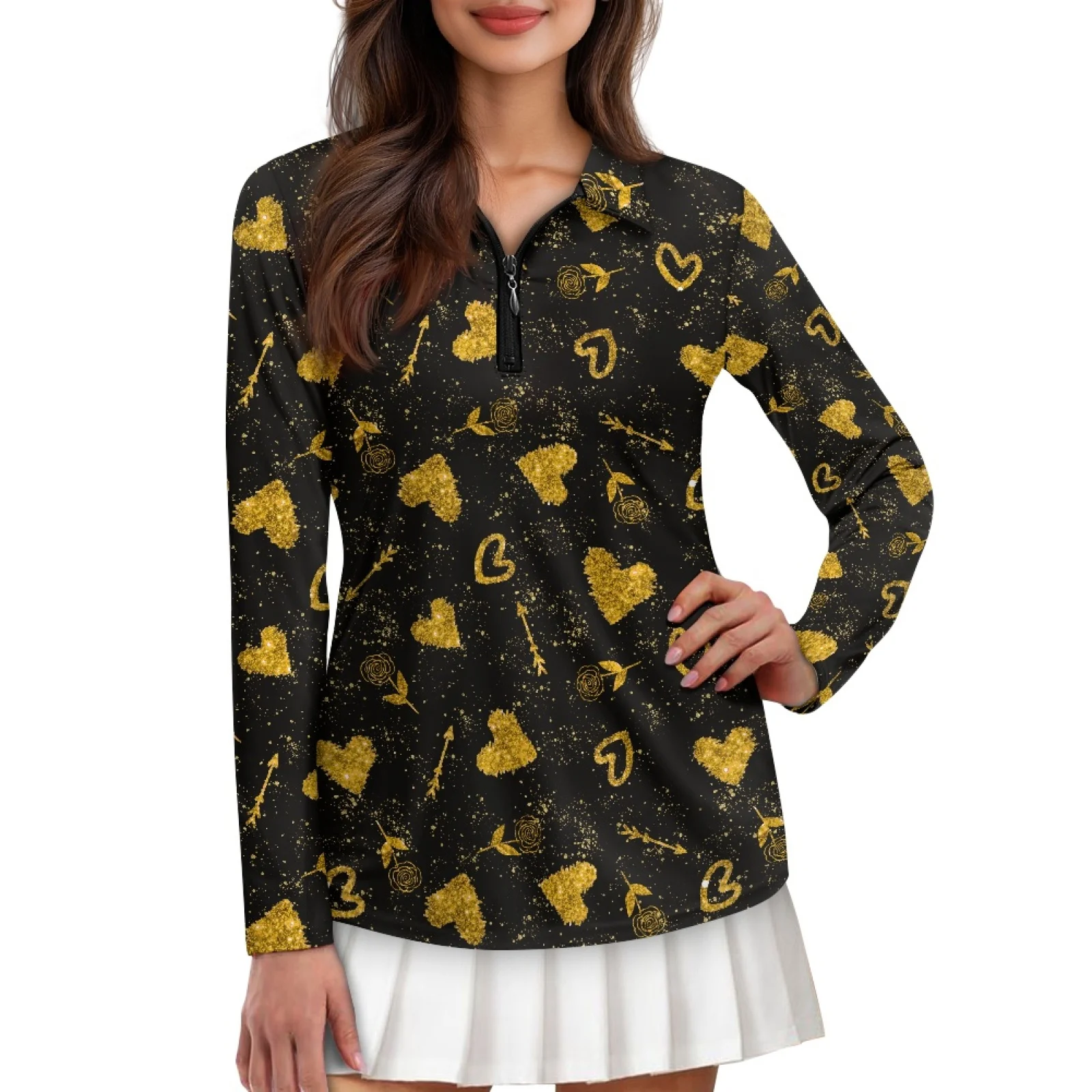 PENSTROLL Golden Hearts Womens Lightweight Zip Polo Tennis Top Machine Washable Athletic Outfits for Badminton