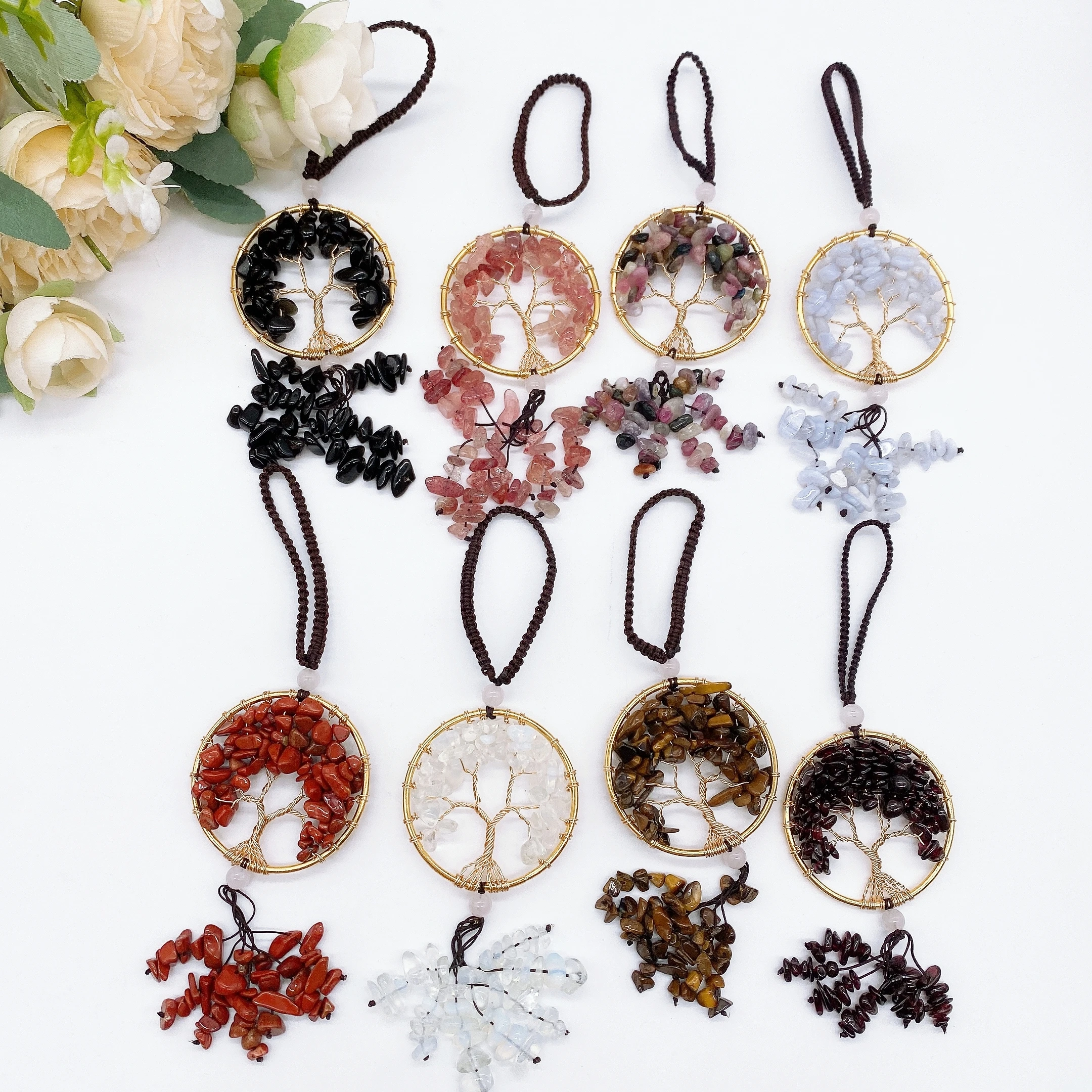 Tree of Life Dreamcatcher Natural Amethyst Pendant Crystal Quartz Stone Window Hanging Ornament for Car Wall Home Decor Gift