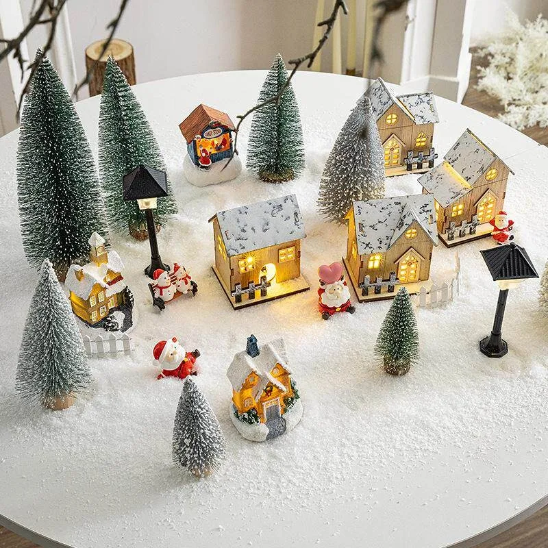 Christmas Snow Decoration Props Luminous Cabin Ornament Christmas Tree Micro Landscape Town Fireplace Decoration