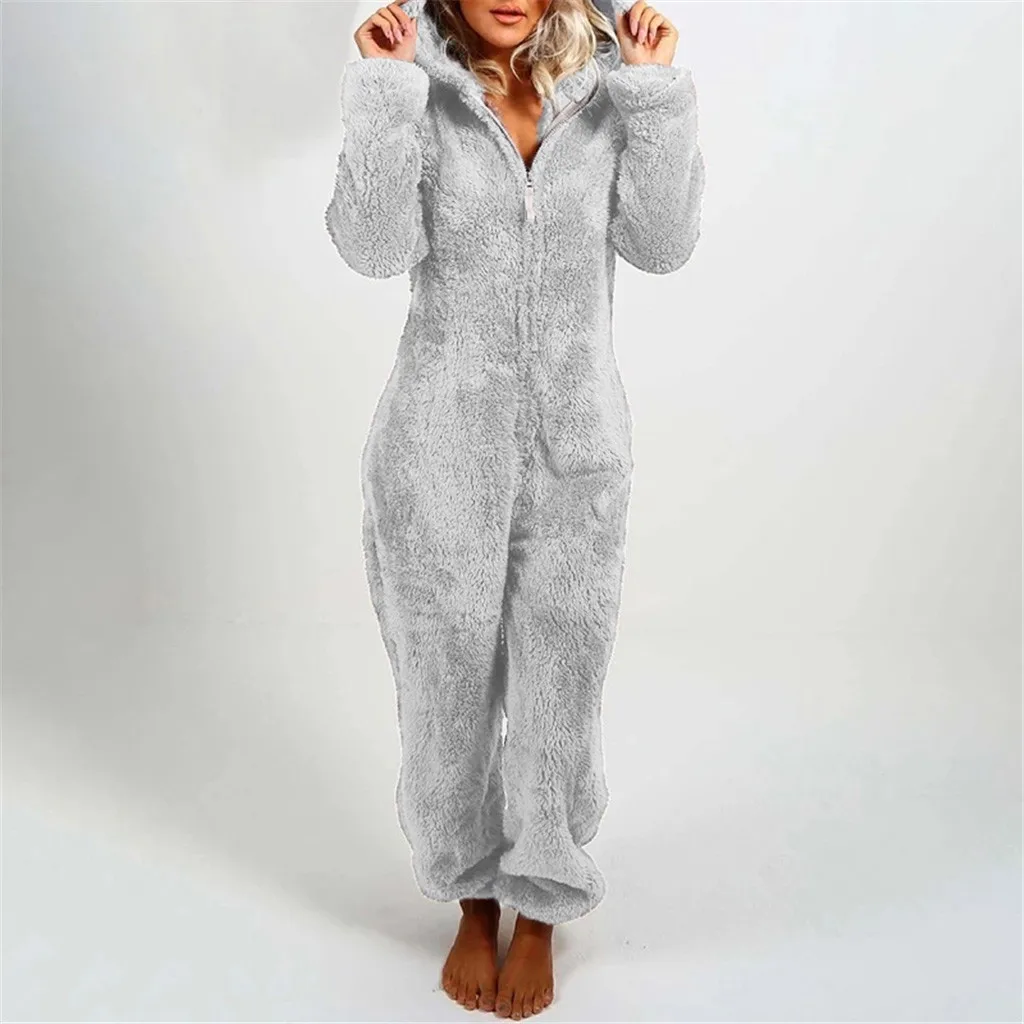 Winter Warm Pyjamas Women Onesies Fluffy Fleece Jumpsuit Sleepwear Overall Hood Sets Overall Plus Size Hood Adult Warmer Outwear