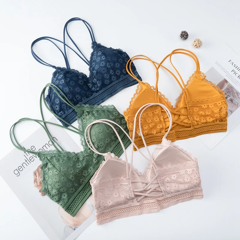 Sexy Bra Women Lace Bralette Wire Free Brassiere Push Up Underwear Padded Female Thin Shoulder Strap Soft Ladies Lingerie