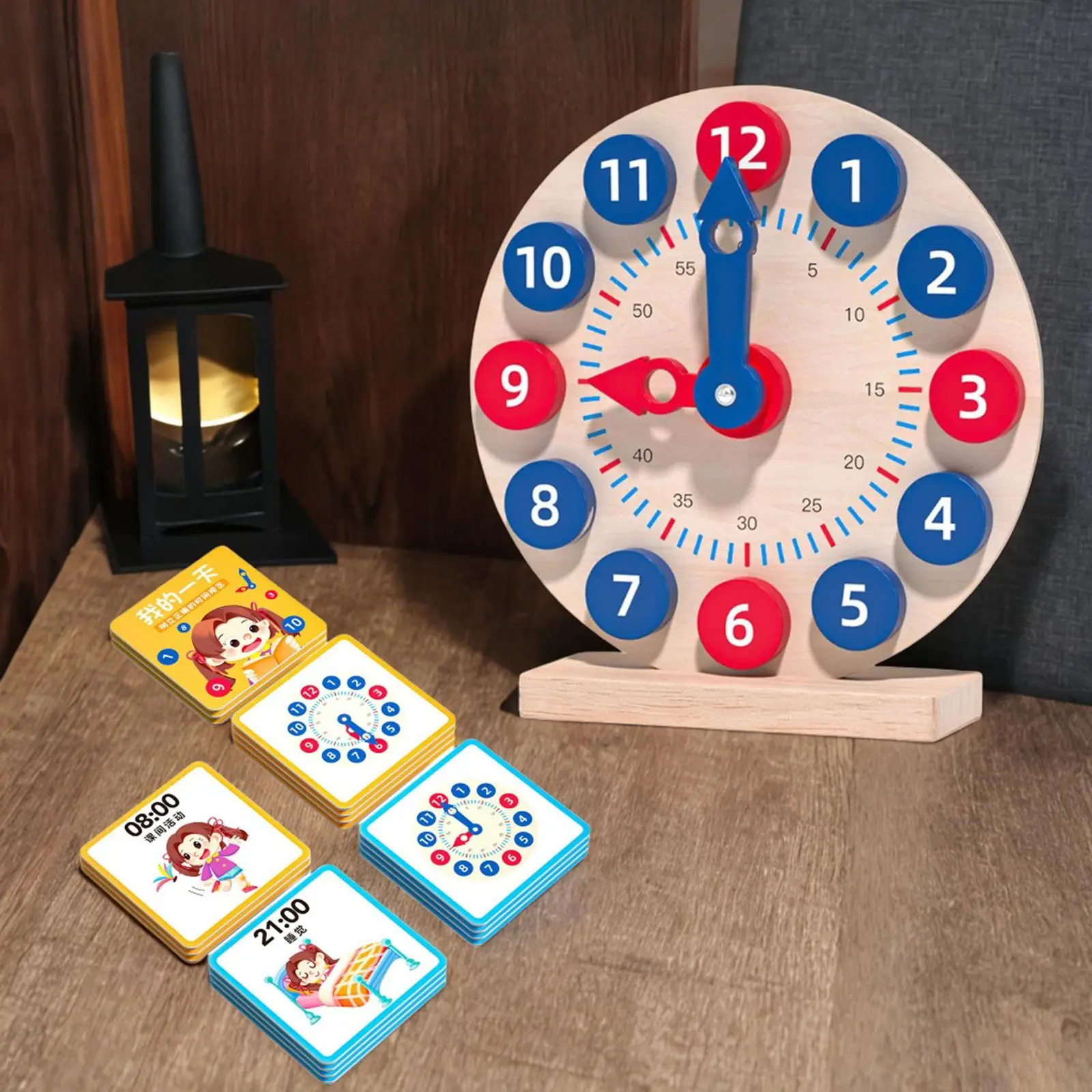 Wooden Toy Clock Portable 18 Reversible Time Cards for Gift Preschool Girl