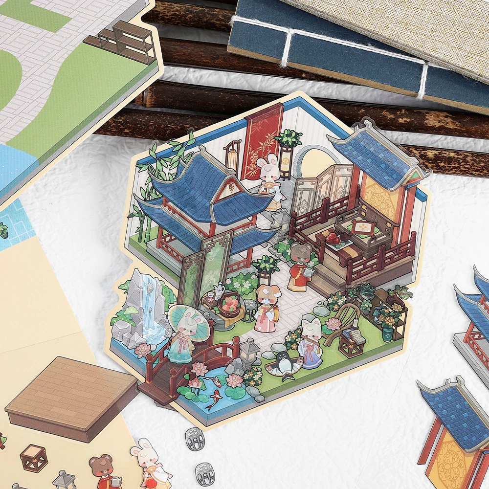 Paket Stiker Adegan 3D Mini Stiker Adegan Belajar Kolam Halaman Tiongkok Retro Hewan Kartun Kawill Stiker Adegan DIY