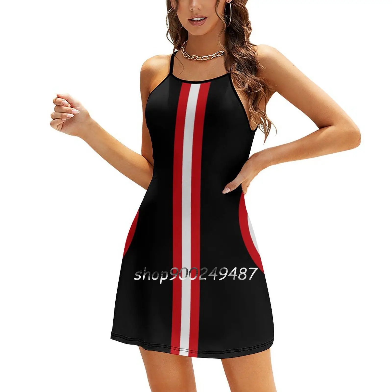 Sixties Mod Red , Black And White Sweetheart Knot Flared Dress Fashion Design Large Size Loose Dress Spots Stripes Retro