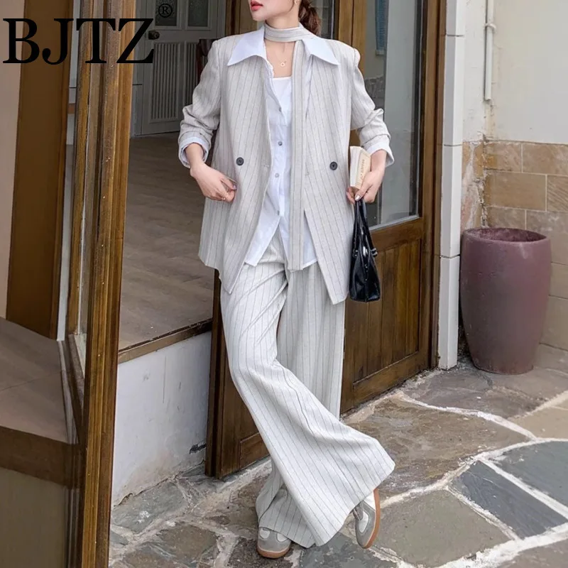 

BJTZ Striped Suit Jacket Wide Leg Pants Two-piece Set For Women Spring Autumn 2025 New Fashion Office Lady Woman Sets