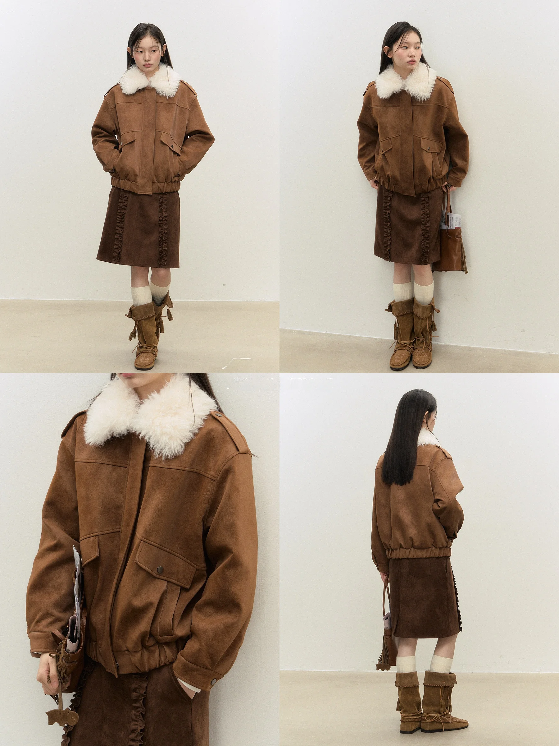 Casaco Feminino Freedom Baren Scenic de Couro de Porco com Gola Destacável em Cor Contrastante, Acolchoado, Quente e Solto com Fechamento em Zíper