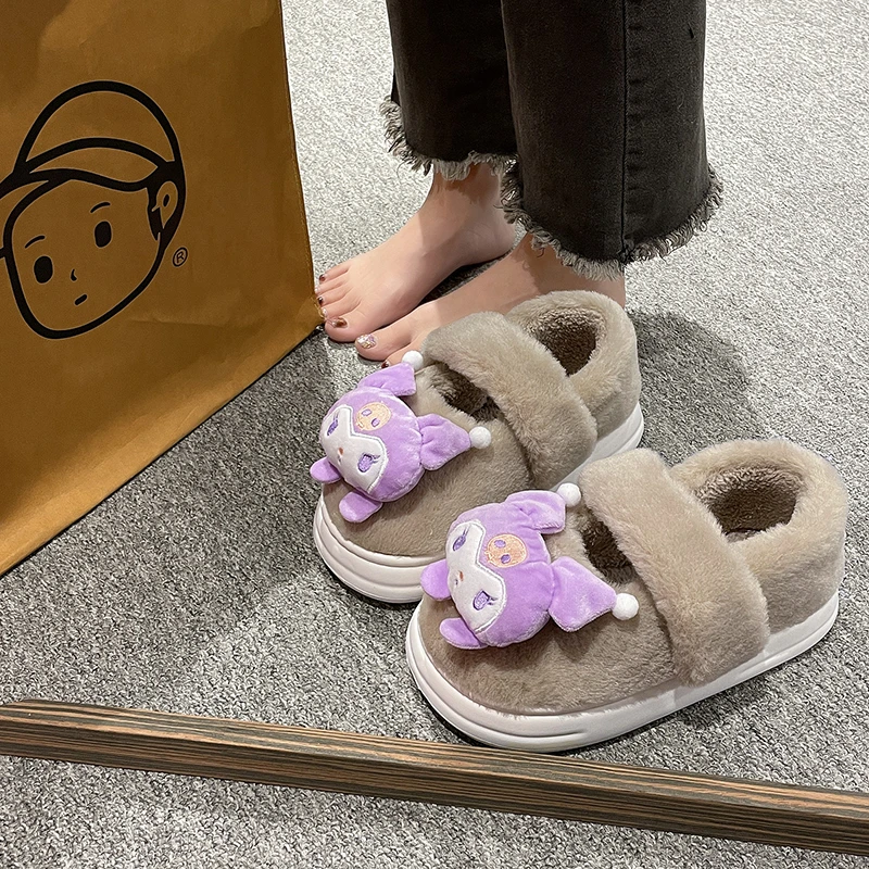 

Sanrio Kulomi cute sweet home warm women's shoes Melody cartoon versatile platform plush all-inclusive heel cotton slippers