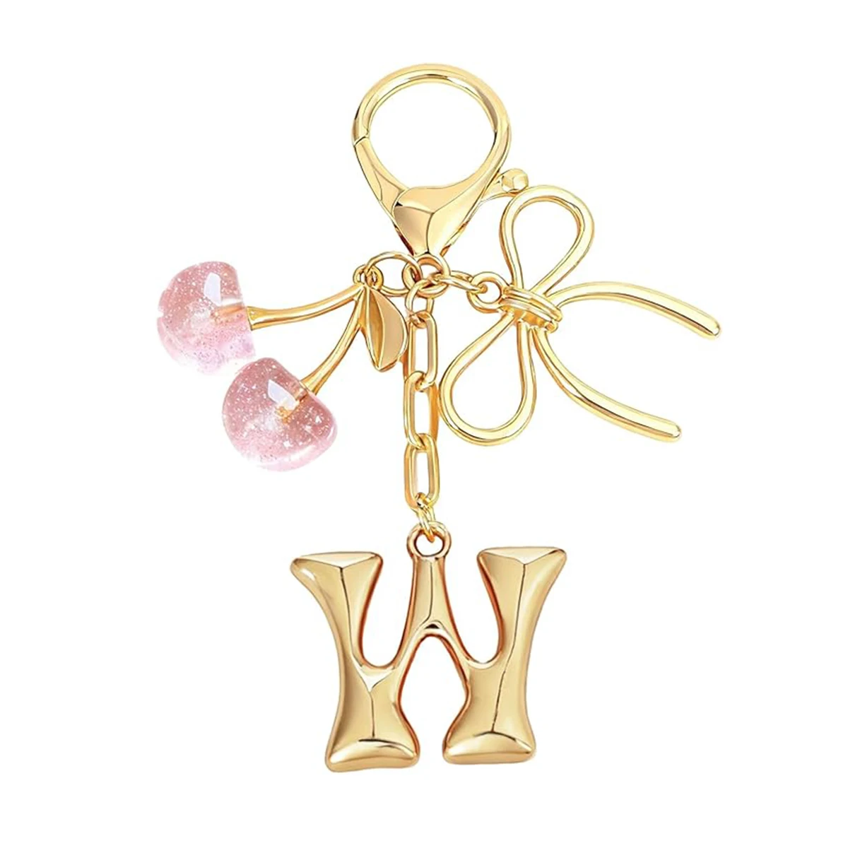 Gold Letter Bubble Initial Keychain with Bow & Cherry, Cute Handbag Accessory