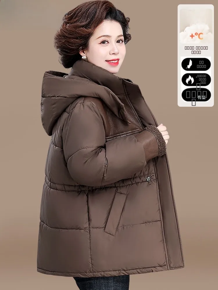 

Thiened Warmth down Cotton Jaet Coat for Mom Autumn Winter Middle Length Hooded Durable Polyester Fiber Women's Coat
