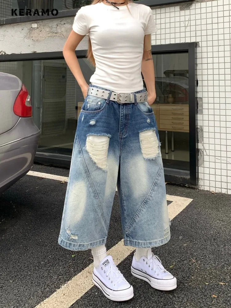 

Women's Y2K Street Retro Calf-Length Denim Shorts Grunge Washed 2000s High Waist Jeans Vintage Casual Ripped Trashy Emo Pants