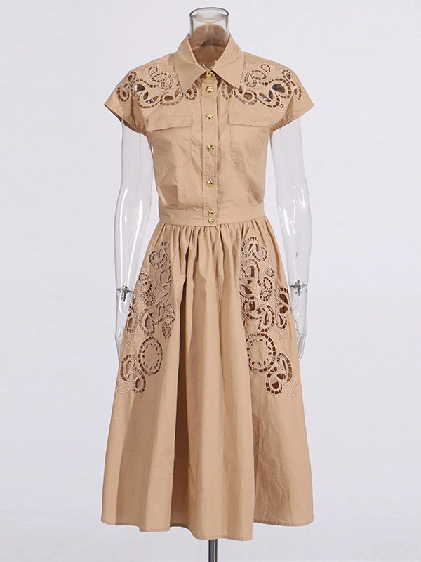 

Retro Cotton Collar ort Sve Embroidered Hollow out A-Line Dr And Top Women's Faion Set Autumn Wear